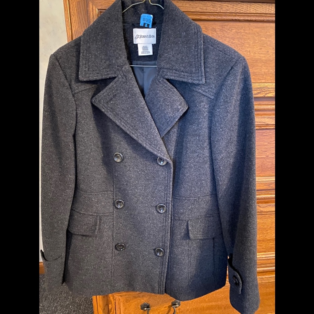Ladies dark gray wool pea coat.